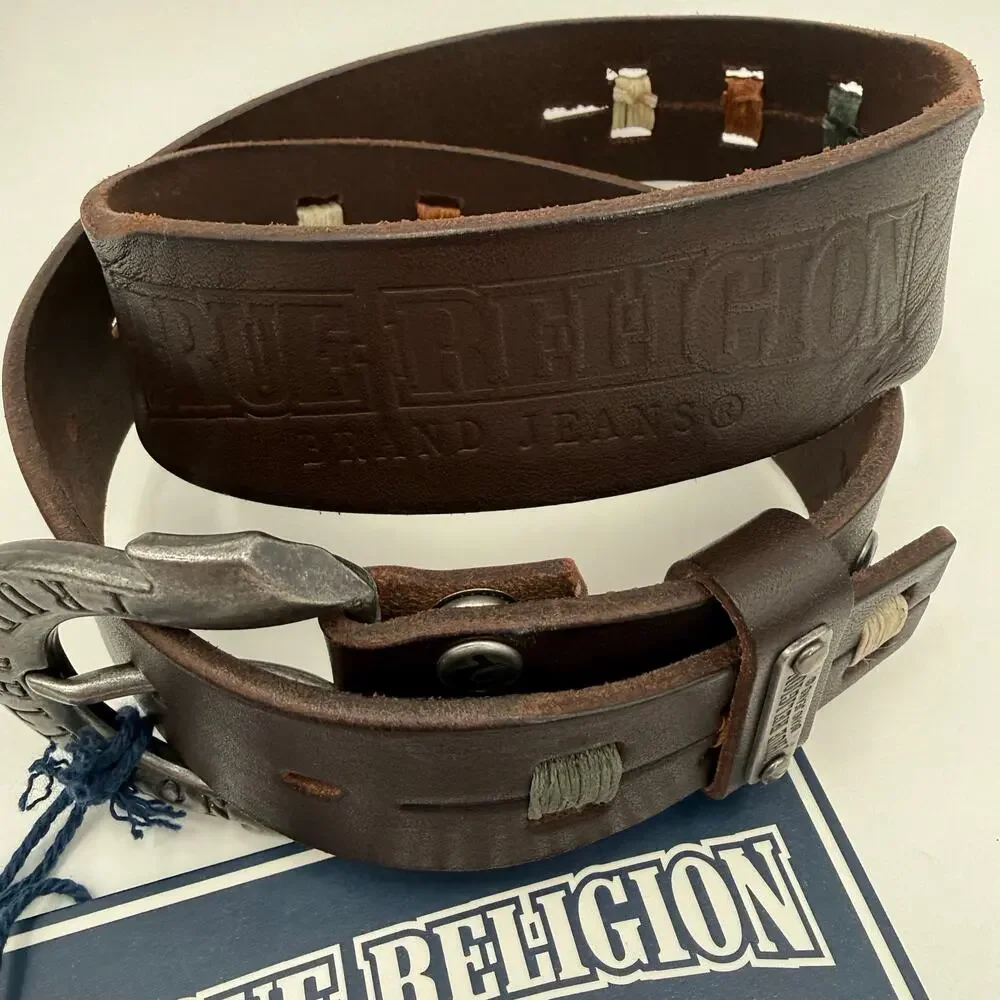 True Religion Jeans Belt Women's Size 22 NWT with Flaws Brown Leather Silver